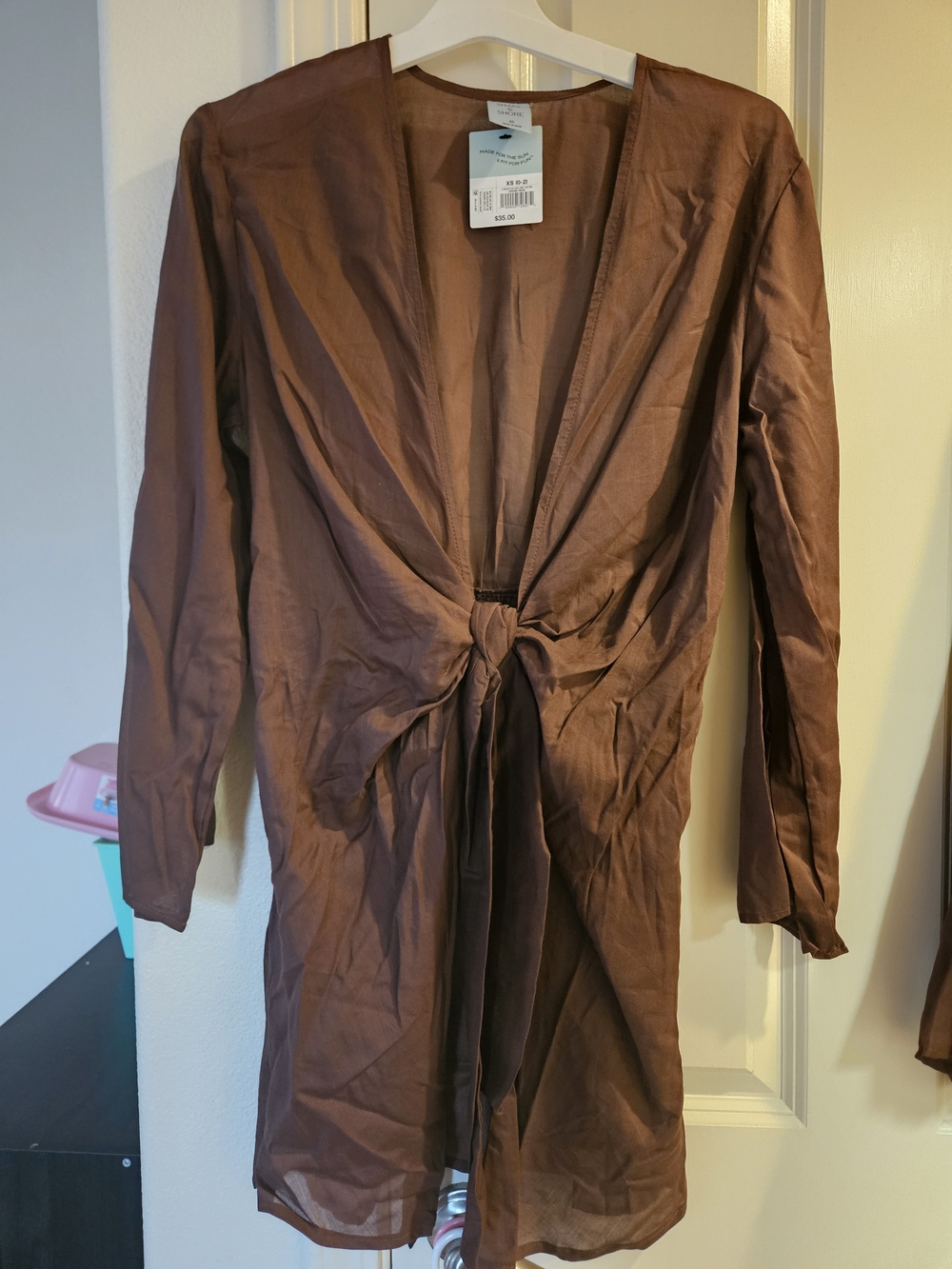 Shade & Shore Brown Tie-Front Long Sleeve Kimono SIZE XS